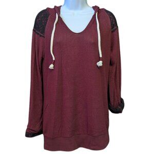 Chance Or Fate Sweater Hooded V Neck Lace Detail Soft Maroon Women's Size Large